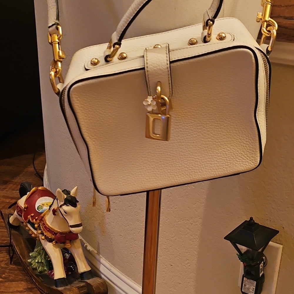 Cream Pebbled Crossbody Satchel with Gold Hardware